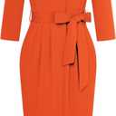 GRACE KARIN Womens Work Dresses V Neck 3/4 Sleeve Back Zipper Tie Waist Bodycon Dress Office Cocktail Dress with Pockets (XX-Large, Orange)