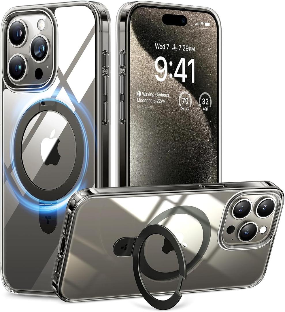 TORRAS Magnetic Ostand for iPhone 15 Pro Max Case, Military Grade Drop Tested, Compatible with MagSafe, Built in Kickstand, Clear Slim Hard Back Soft Edge 6.7" 2023, Clear Grey