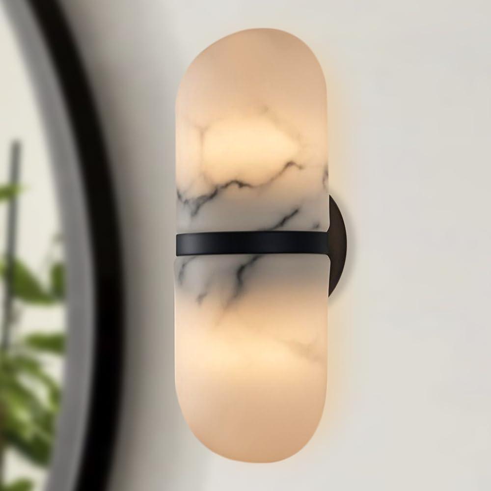 12.5 Inch Modern Resin Wall Sconce - Imitation Marble Pill Shape with Aged Brass, Handmade Organic Textured Light Fixture for Bedroom, Living Room (Black) 12.5 Inch Modern Resin Wall Sconce - Imitation Marble Pill Shape with Aged Brass, Handmade Organic Textured Light Fixture for Bedroom, Living Room (Black)