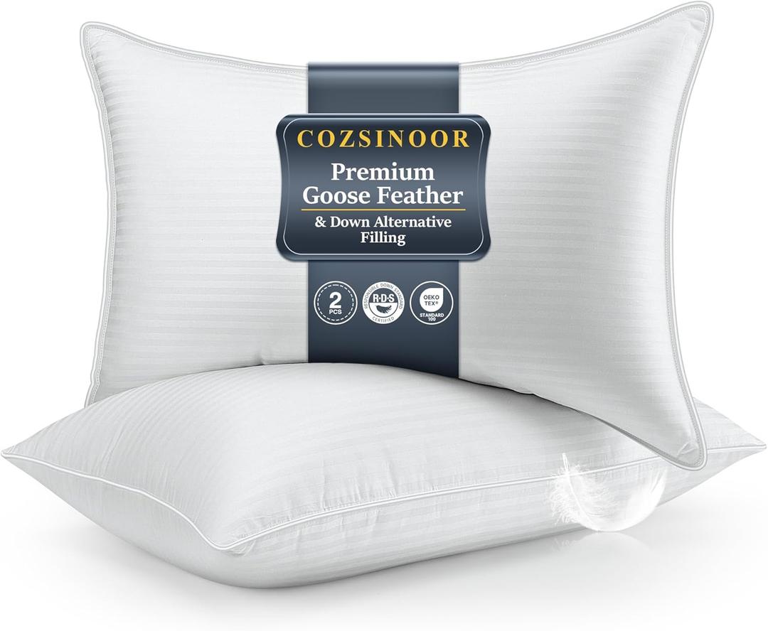 COZSINOOR Goose Feather Pillows King Size Set of 2 - Hotel Down Bed Pillow for Sleeping, Soft 600 TC Cotton Cover, Fluffy Support Surround Fill Down Alternative for Back, Stomach, Side Sleepers