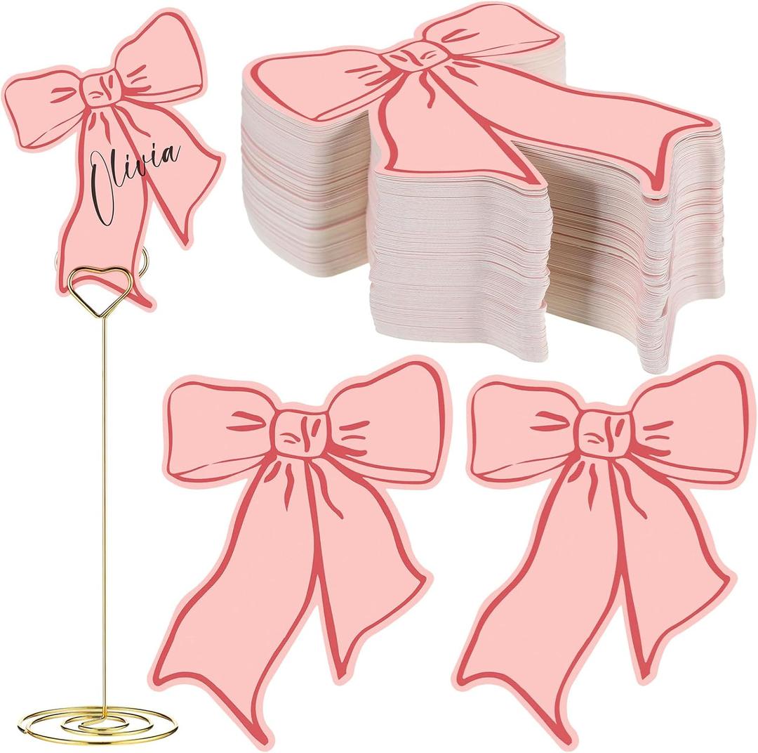 MotiMind 120 Pcs Pink Bow Place Cards Pink Thank You Cards coquette Party Decorations Bow Blank Seat Assignment Label Table Seating Card for Baby shower Wedding Party Buffet