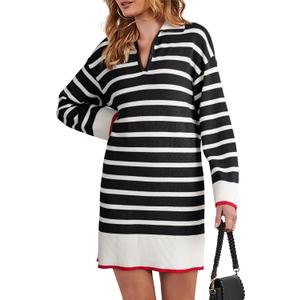 Dokotoo Women's Polo V Neck Sweater Dresses Fall Dresses for Women 2024 Long Sleeve Dress Casual Striped Mini Dress (Large)