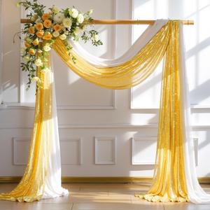 Wedding Arch Draping Fabric, 1 Panel 28" x19ft White Arch Drapes & 1 Panel 16" x19ft Gold Sequin Fabric Drapes Arbor Backdrop Curtain for Wedding Arch Ceremony Bridal Shower Reception,  White & Gold Sequin