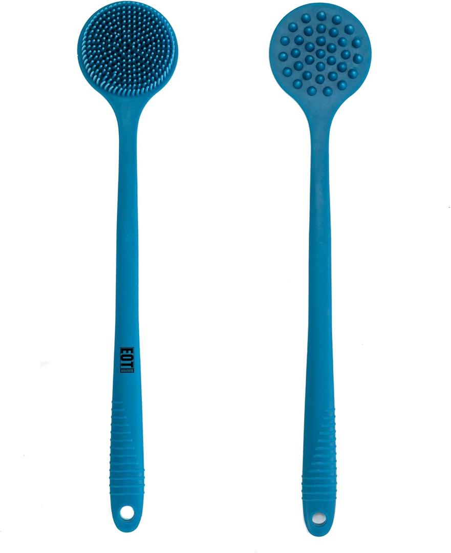 EOT Wellness Bendable Long Handled Silicone Body Brush & Hair Scrubber - Bath Shower Back Brush, Shampoo Hair & Scalp Massager, Back Scrubber for Shower (Blue Sapphire)