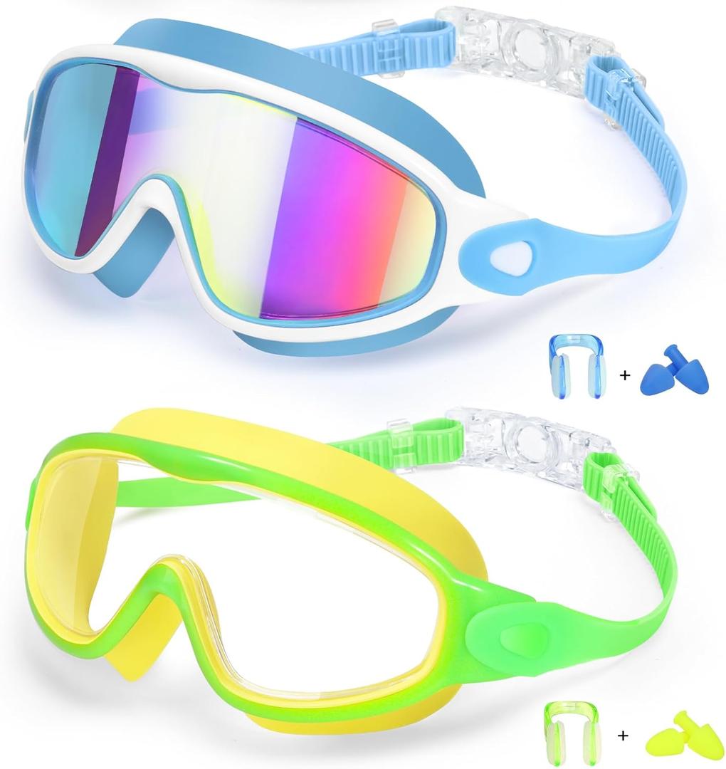 EverSport 2 Pack Kids Swimming Goggles, Anti-fog Swim Goggles for Toddler Girls Boys 3-15 (Yellow Green & Mirrored Blue)