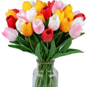 SITUMEIZI Fake Flowers Tulips Artificial Flower 15pcs Real Touch PU 14" for Spring Easter Home Kitchen Wedding Bouquet Bulk Mother's Gift Day Decorations(Assorted Colors,5) (White,yellow,sunset Red,red,light-pink)