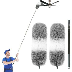 Microfiber Feather Dusters for Cleaning, Extendable Duster with 110" Extension Pole & 2pcs Replaceable Bendable Head, Cleaner Supplies Duster Tool for Ceiling Fan Furniture Cars Home Kitchen Gadgets