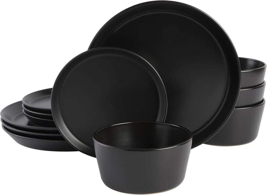 Gibson Soho Lounge Sofia Coupe 12-Piece Stoneware Dinnerware Set, Service for 4 Black Plates and Bowls