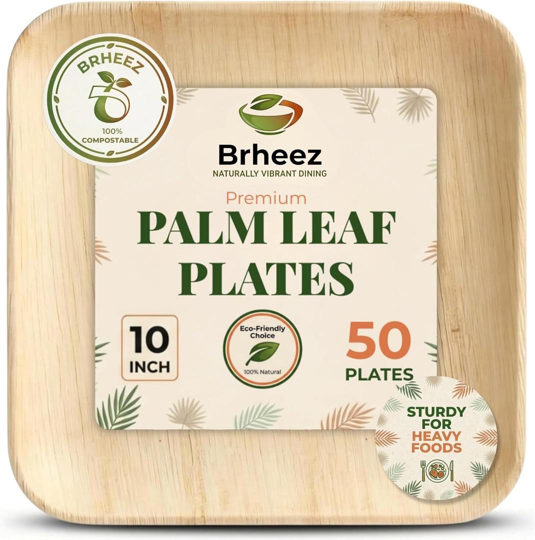 brheez Bamboo Plates Disposable Palm Leaf Plates | 10 inch bamboo dinner plates | Eco Compostable Biodegradable Plates 50 piece