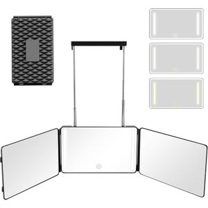 3 Way Mirror with LED Lights & 360 View,See Back of Head Trifold Barber Mirror for Self Haircut, Shaving & Braiding, Portable Travel Design with Hook for Home,Men & Women (Black)