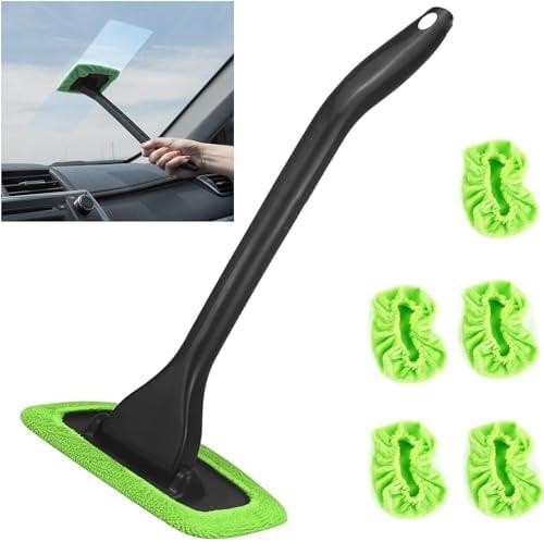 Windshield Cleaning Tool Windshield Cleaning Wand Auto Window Cleaner, 5 Pieces Reusable Cloth Pads for Car Interior, Dirty Car Washing Brushes (Green)
