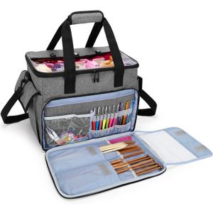 CURMIO Knitting Bag, Yarn Storage Tote with Compartments for Knitting Needles, Crochet Hooks, Knitting Project and Accessories, Bag Only, Gray