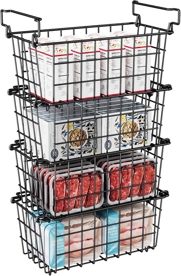 KIKIBRO Freezer Organizer Bins - Fit 10 to 20 Cu.FT Deep Freezer, Stackable Chest Freezer Organizer Sort Frozen Food and Easily Get with Handle, 4 Pack Chest Freezer Bins, Black