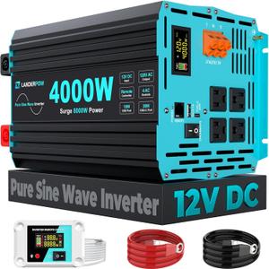 4000 Watt Inverter Pure Sine Wave 12V DC to 120V AC for RV, Truck, Solar, Home, Off-Grid, Power Inverter with 4 AC Outlet, 30W Type-C, 5V 3.1A USB, Hardwire Port, Remote Control, Surge 8000W