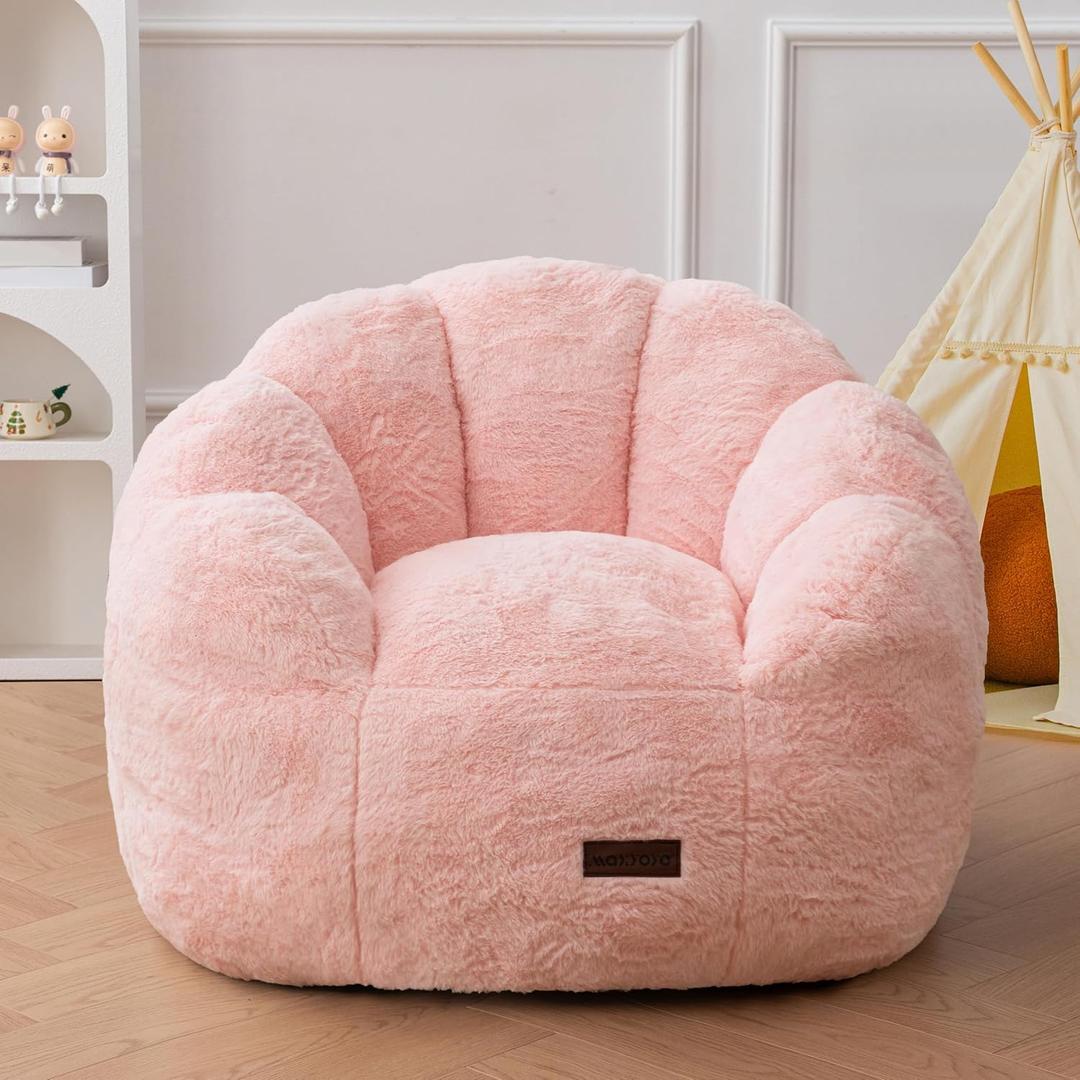 MAXYOYO Kids Bean Bag Chair, Floral Shaped Bean Bag Sofa, Plush Faux Fur Toddler Couch with Petal Backrest for Boys Girls, Stuffed Cozy Sofa for Nursery, Bedroom, Pink, Standard