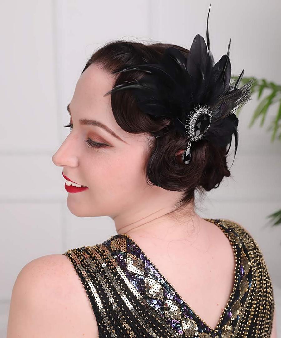 Aimimier 1920s Flapper Feather Hair Clip with Crystal Head Chain Roaring 20s Headpiece Costume Masquerade Hair Jewelry