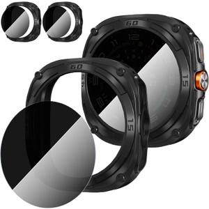 Suoman 2+2 Pack for Samsung Galaxy Watch 7/8 Ultra 47mm (2024/2025) Case,Privacy Tempered Glass Screen Protector, All-Round TPU Protective Cover Bumper-Black+Black