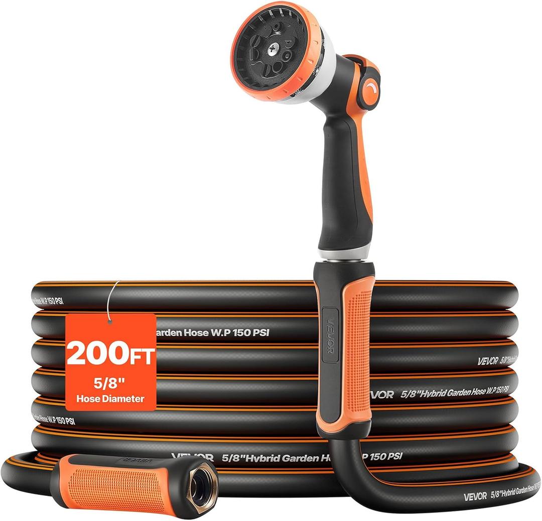 VEVOR Garden Hose, 200 ft 5/8" Heavy Duty Rubber Water Hose with 10 Mode Nozzle, 150PSI Working & 600PSI Burst, Flexible & Non-kink Outdoor Waterhose with 3/4" Fitting, Lightweight Hoses for Gardening