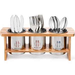 Lyellfe Silverware Holder for Countertop, Stainless Steel Cutlery Utensil Organizer with Bamboo Stand, Flatware Holder for Spoon, Fork, and Knife