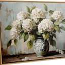 Framed Vintage Hydrangea Wall Art Rustic White Hydrangea Still Life Flower Canvas Painting Prints Farmhouse Flower Pictuer Vintage Country Wall Decor for Bathroom Living Room Bedroom 16x24 Inch