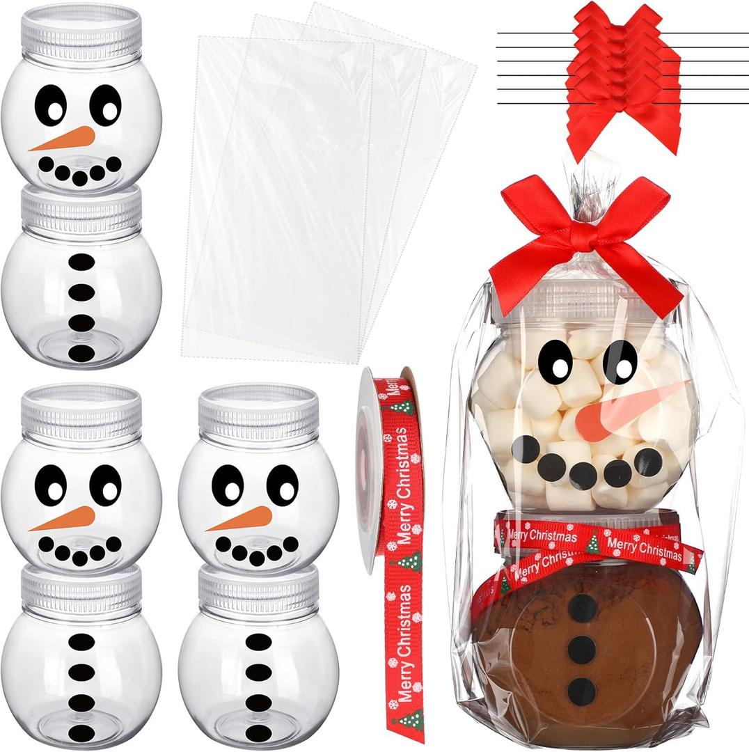 Blushtier 6 Set Christmas Hot Cocoa Bar Supplies Snowman Hot Chocolate Jars Accessories 8.45 oz Clear Snowman Storage Container Kit with Lids Ribbon Bow Bags for DIY Xmas Holiday Winter Party Favors