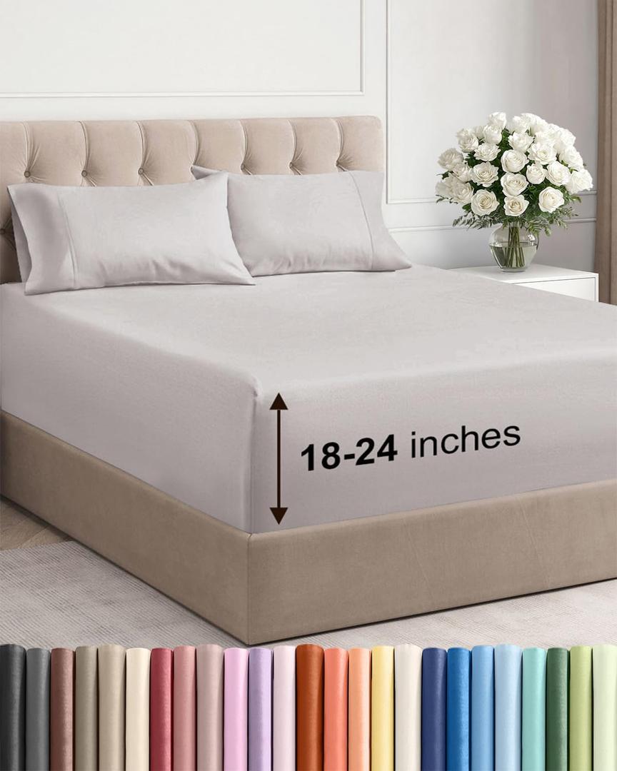 Extra Deep King Sheet Set - 4 Piece Breathable & Cooling Bed Sheets - Easily Fits 18 to 24 inch Mattress - Ultra Soft, Wrinkle & Fade Free with Extra Deep Pockets - Hotel Luxury Bedding - Light Grey