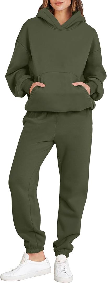 ANRABESS Womens 2 Piece Outfits Lounge Hoodie Oversized Sweatshirt Jogger Sweatpants Y2K Tracksuit Sweatsuit Set Fall Clothes (Large, Army Green)