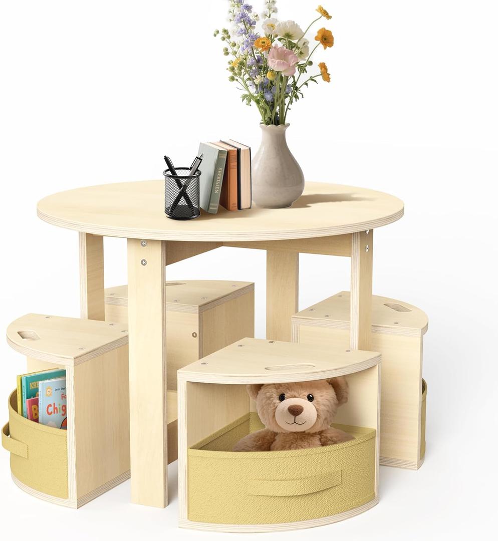 bbgroundgrm Table and Chair Set with 4 Storage Stools, Round Shaped Nesting Design, Activity Table for Play/Art/Reading/Craft, Natural