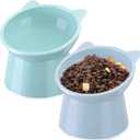Zhehao 2 Pieces Plastic Raised Bowl Tilted 15 Degrees Elevated Cat Food and Water Bowls Set Anti Vomit Dog Kitten Food Dishes Pet for Cats and Small Dogs(Cat Ears,Light Green, Blue)