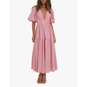 HOULENGS Women's Deep V Neck Puff Short Sleeve Tiered Dress Elastic High Waist Flowy A Line Midi Dresses (Pink)