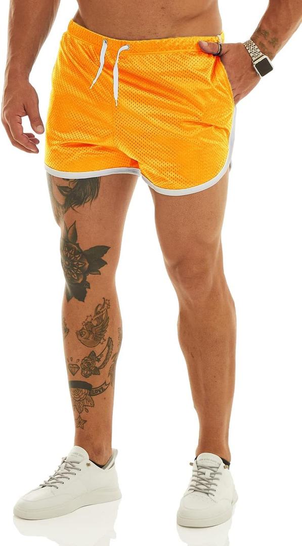 Ouber Men's Fitted Shorts Bodybuilding Workout Gym Running Tight Lifting Shorts with Pockets (Medium, Yellow)