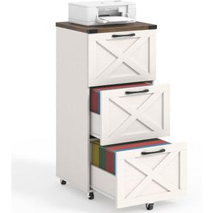 Halitaa 3 Drawers Tall Farmhouse File Cabinet with Wheels, Rustic White | Halitaa Vertical Filing Cabinet Fits Letter/A4 Size, Rolling File Cabinet Wooden Printer Stand for Home Office, 15.75"D x 15.75"W x 38.43"H