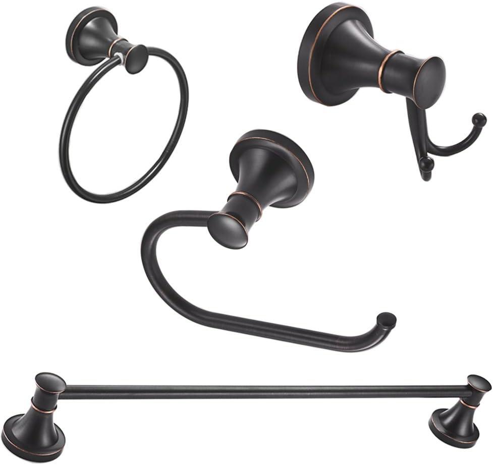 BESy Oil Rubbed Bronze 4 Piece Bathroom Accessories Set (Single Towel Bar, Towel Ring, Toilet Paper Holder, Double Towel Hooks), Wall Mounted Bath Hardware Accessory Fixtures Set