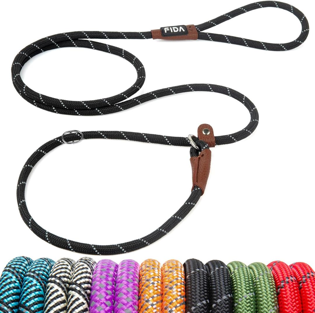 Fida Durable Slip Lead Dog Leash, 6 FT x 3/8" Heavy Duty Dog Loop Leashes, Comfortable Strong Rope Slip Leash for Small Dogs and Puppies, No Pull Pet Training Lead with Highly Reflective(3/8", Black)