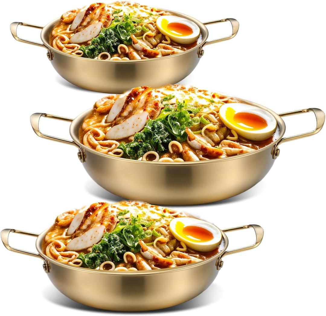 3 Pcs Korean Ramen Noodle Pot with Handles, Stainless Steel Everyday Pan, Golden Korean Cooking Pot for Soup, Noodle, Pasta, Home and Outdoor, Dishwasher Safe, Size 7", 8.7", 9.5"