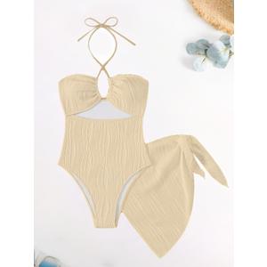 SKAYS Women's One Piece Swimsuit Hollow Out Texture Halter Solid Color Swimwear with Cover Up 2 Piece Swimsuit, Small