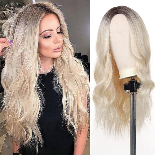 Esmee 26 Inches Long Blonde Wigs for Women Natural Synthetic Hair Ombre Blonde Wig with Dark Roots Synthetic Wig Loose Wavy Wigs Heat Resistant