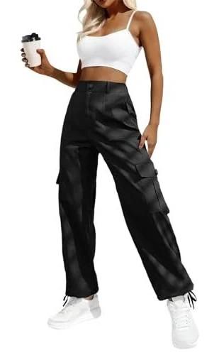 ZEPONUO Pants for Women High Waisted Casual Pants Baggy Y2k Straight Wide Leg Pants with Pockets Streetwear S
