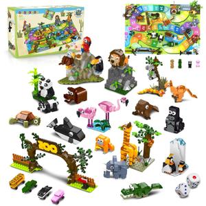 HOGOKIDS 23 Animals Valentines Party Favors for Kids Building Set - 2-in-1 Zoo Scene Board Game with Play Mat, 2 Dice, 4 Animal Cars, Valentines Classroom School Gifts for Kids Boys Girls 6+ Years Old