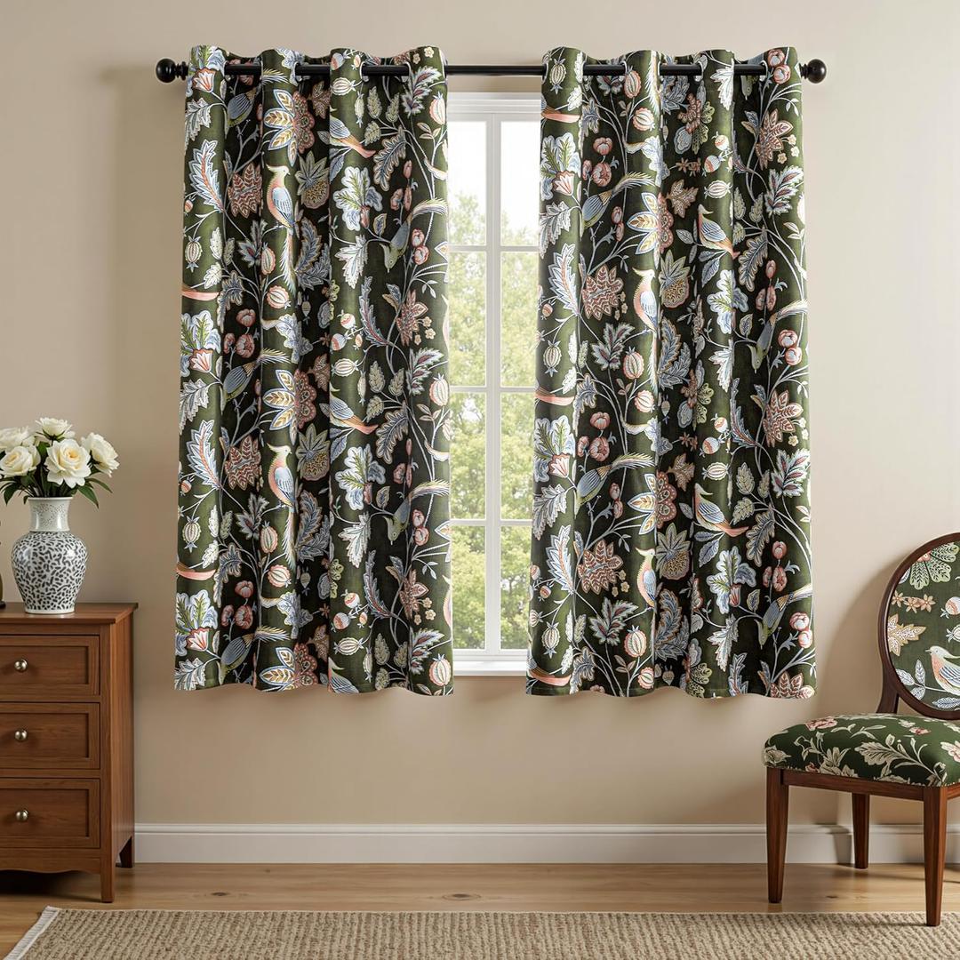 MYSKY HOME Floral Boho Blackout Bedroom Curtains 63 inch Long Room Darkening Thermal Insulated Vintage Curtains with Patterned Bird Design Grommet Drapes for Home Decor, 2 Panels, 52" x 63", Green