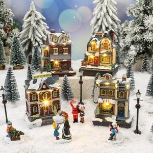 20 Pcs Pre-Lit Christmas Village Set Village Houses Figurines Accessories LED Town Building Collection Scene for Holiday Xmas DIY Tabletop, Battery Operated (not Included)