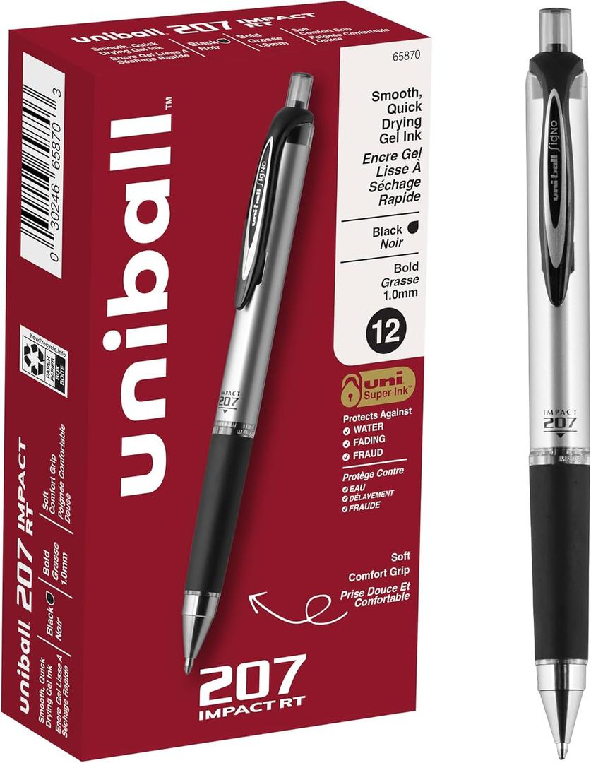 uniball 207 Impact Retractable Gel Pens, Bold Point (1.0mm), Black, 12 Pack