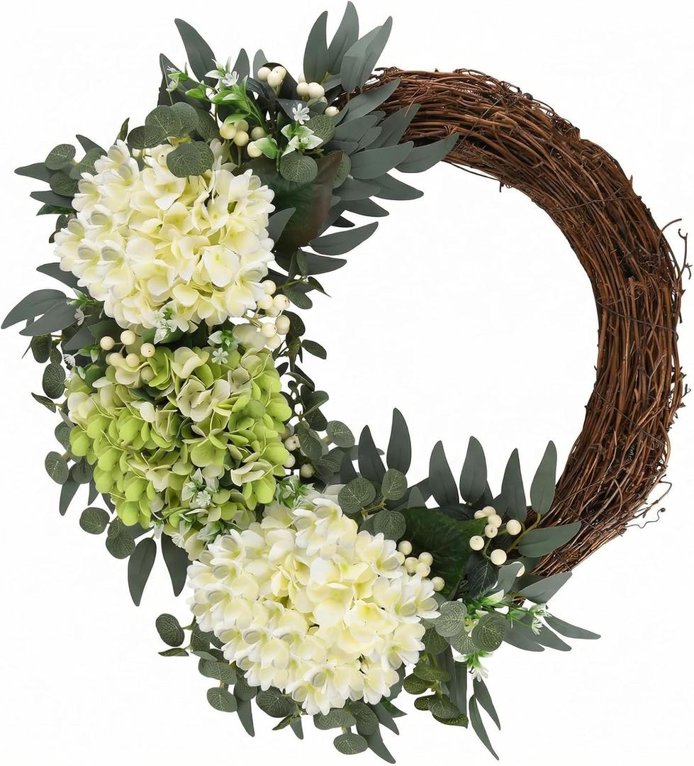 Spring Flower Wreath for Front Door, 20 Inch Hydrangea Door Wreath with White Berries, Summer Eucalyptus Wreaths for Front Door Outside All Season, Farmhouse, Indoor Outdoor Wall Decor, Green&white
