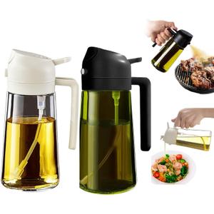 Olive Oil Sprayer for Cooking 2 in 1, 2-Pack Food-grade Glass Olive Oil Dispenser Bottle for Kitchen, 16oz/470ml Oil Container for Baking, Air Fryer, Salad, Frying, BBQ, Roasting (Black) (Black)
