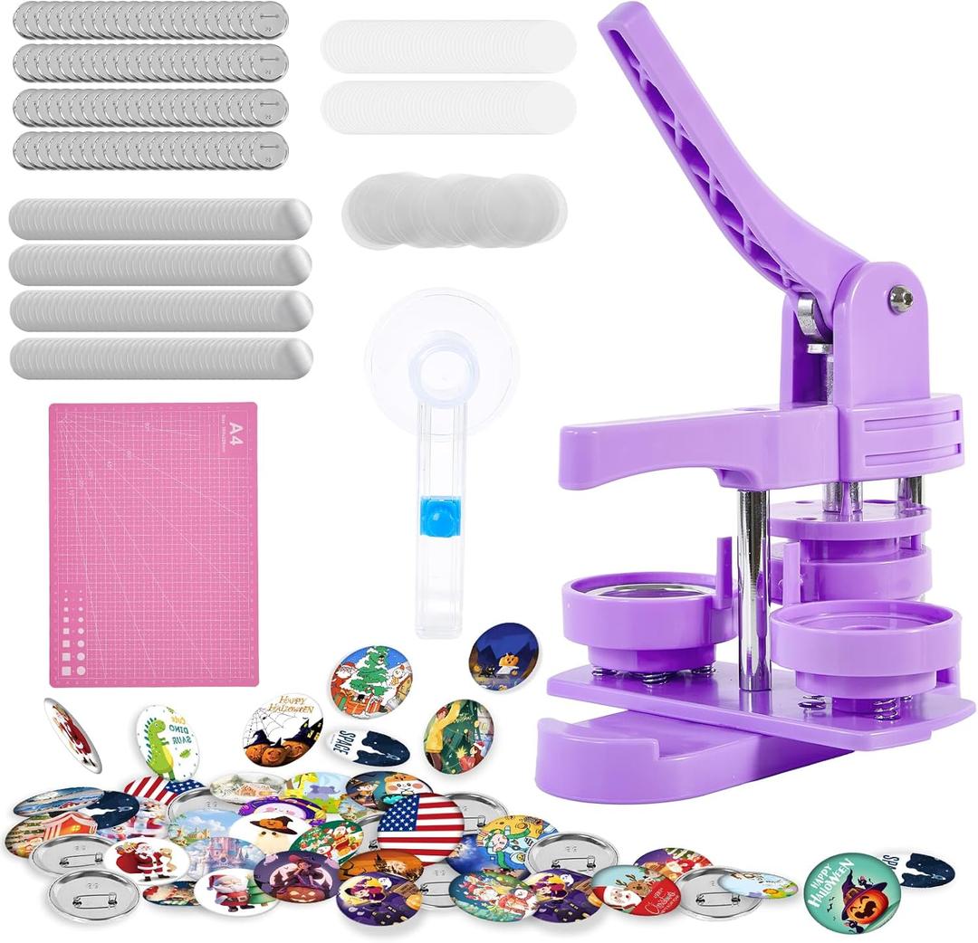 Button Maker Machine 2.25in 58mm - Button Pin Maker Machine Kit for DIY Gifts, Press Machine with 100 Sets of Badge Supplies(Purple)