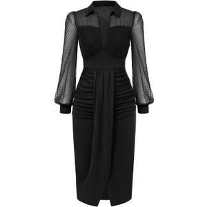 Belle Poque Womens Vintage Dress Mesh Long Sleeve Dress Ruched Dress for Work, M