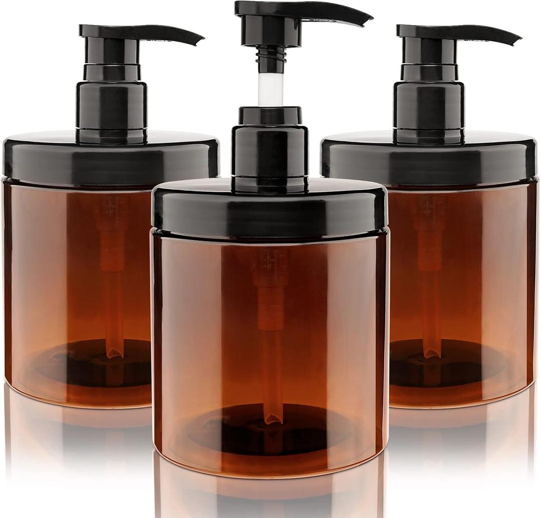Pump Bottle Dispenser 3 Pcs 600ml/20oz Refillable Plastic Pump Bottles Wide Mouth Jar Style BPA Free Empty Pump Bottles Bathroom Shower Containers for Lotion Shampoo Conditioner (Brown)