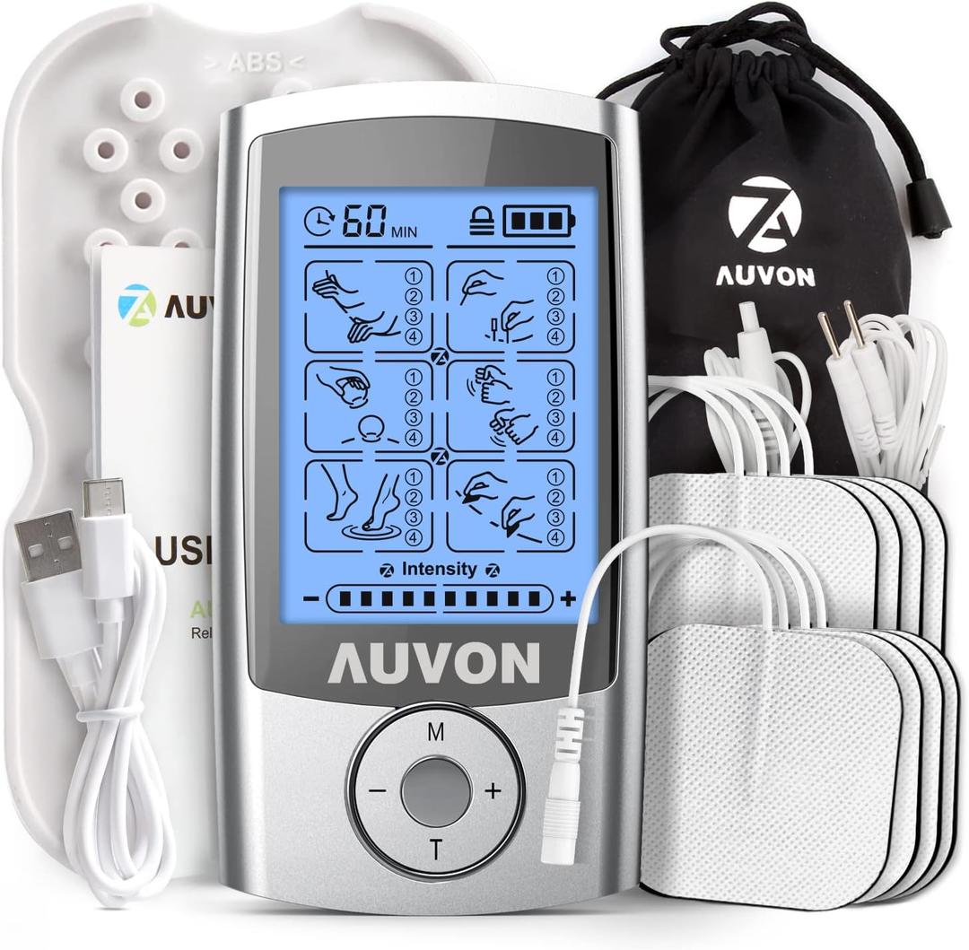 AUVON 24 Modes Rechargeable TENS Unit, 4th Gen Muscle Stimulator with 10pcs TENS Machine Electrodes for Pain Relief Therapy & Management