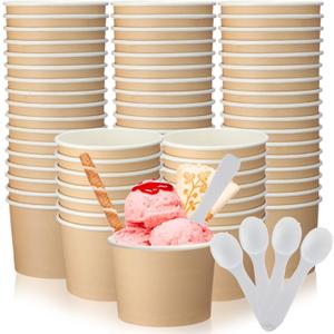Honeydak 300 Pack 5 oz Kraft Paper Disposable Ice Cream Cups with Spoons Bulk Small Ice Cream Sundae Bowls Treat Dessert Snack Frozen Yogurt Soup Container Wedding Birthday Party Supplies(Brown,White)