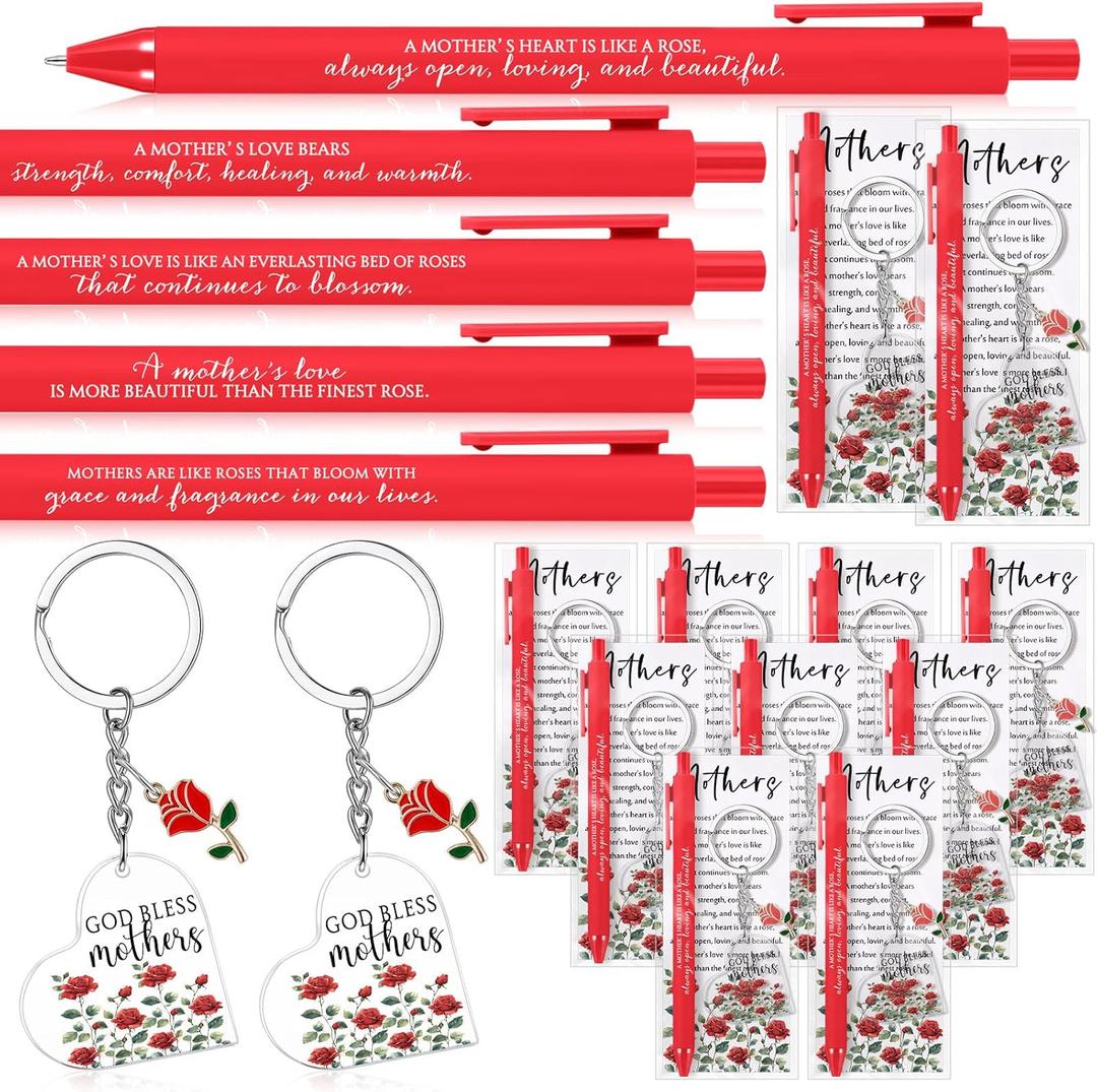 Motiskyy 36 Sets Happy Mother's Day Rose Gifts bulk Red Ballpoint Pens Heart Rose Christian Keychain with Bless Card Bag Positive Affirmative Appreciation Gift for Mom Women Birthday Office Supplies